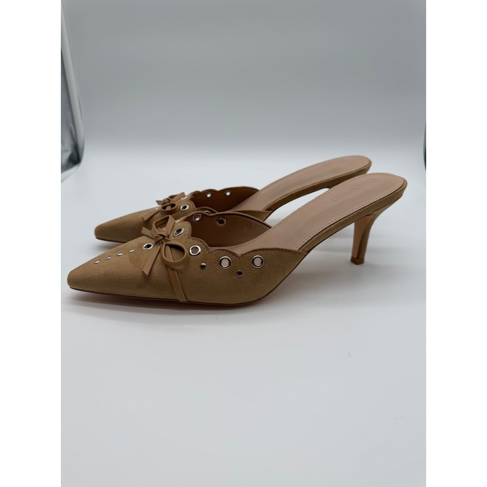 Coutgo Womens Bow Tie Mule Heels Pointed Toe Slip On Dress Pump Khaki Size 11